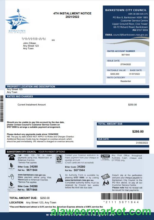 Australia NSW Bankstown City Council utility bill